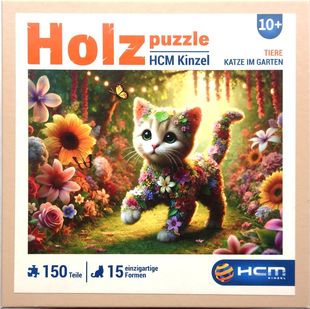 A whimsical digital illustration of a kitten covered in colorful flowers walking through a magical garden.