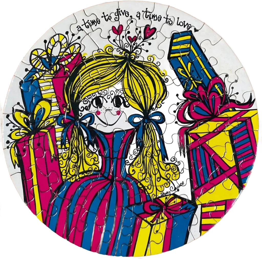 Round illustration of a girl with yellow hair surrounded by colorful gift boxes and the text A time to give, a time to love.