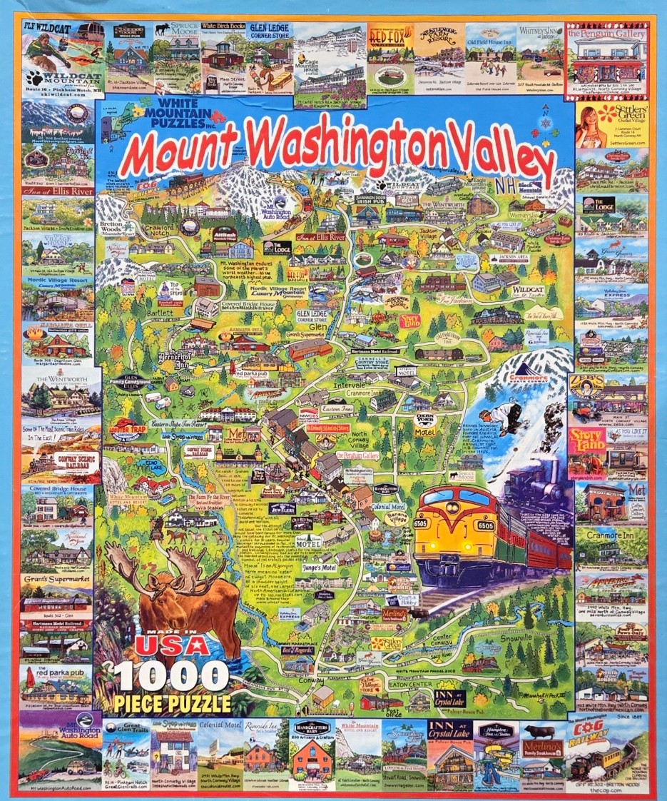 A whimsical illustrated map of the Mount Washington Valley featuring regional landmarks, roads, and a prominent train.