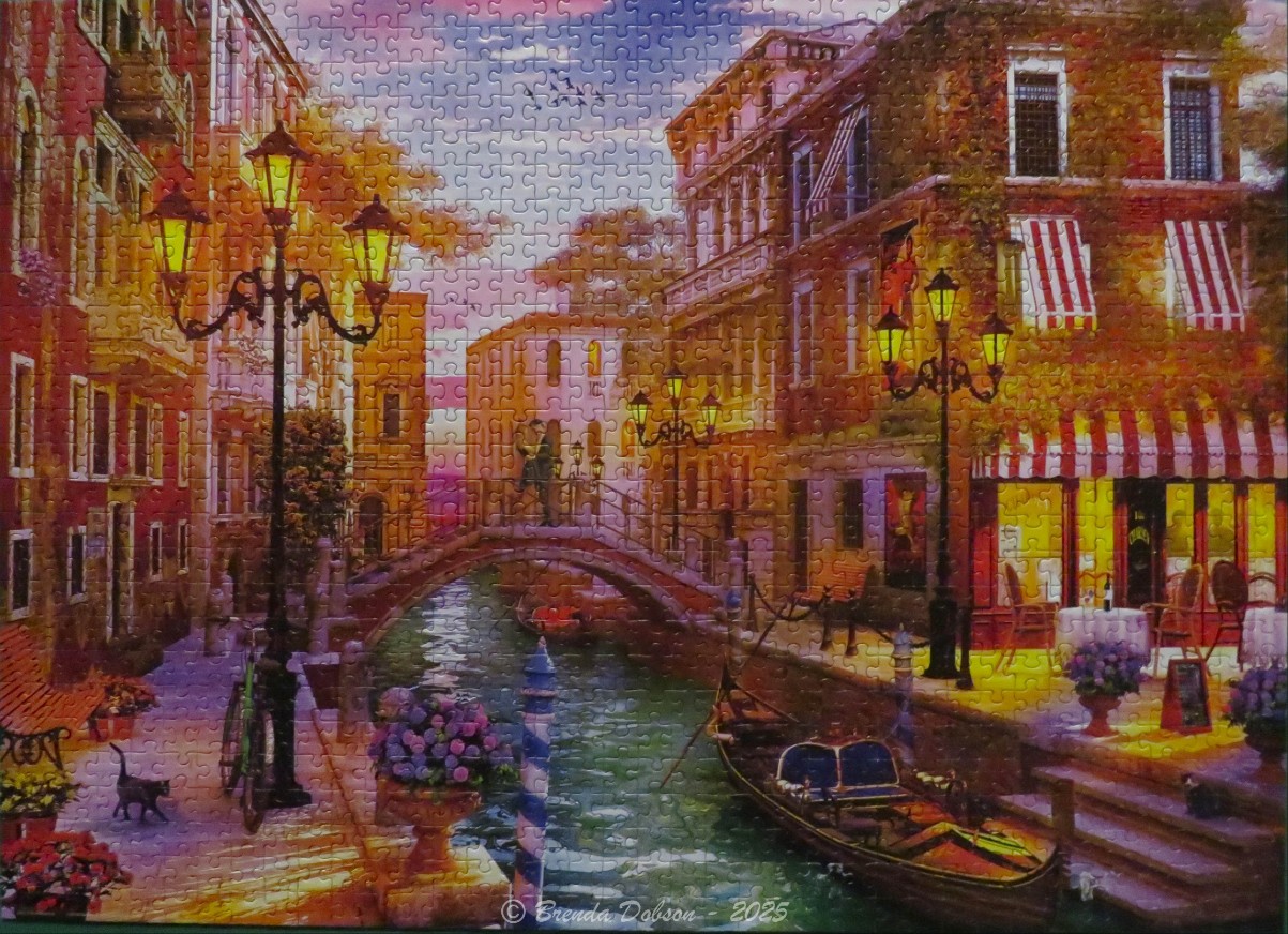 A vibrant, painterly scene of a Venetian canal at dusk with glowing street lamps and a moored gondola.