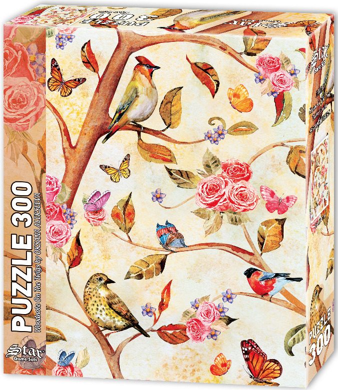 A whimsical illustration of birds, butterflies, and pink roses arranged on slender tree branches against a vintage background
