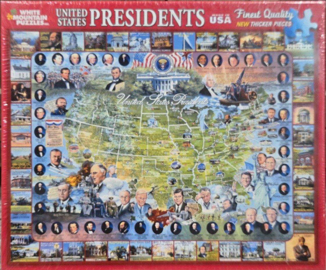 Collage of US Presidents surrounding a map of the United States with historical landmarks.