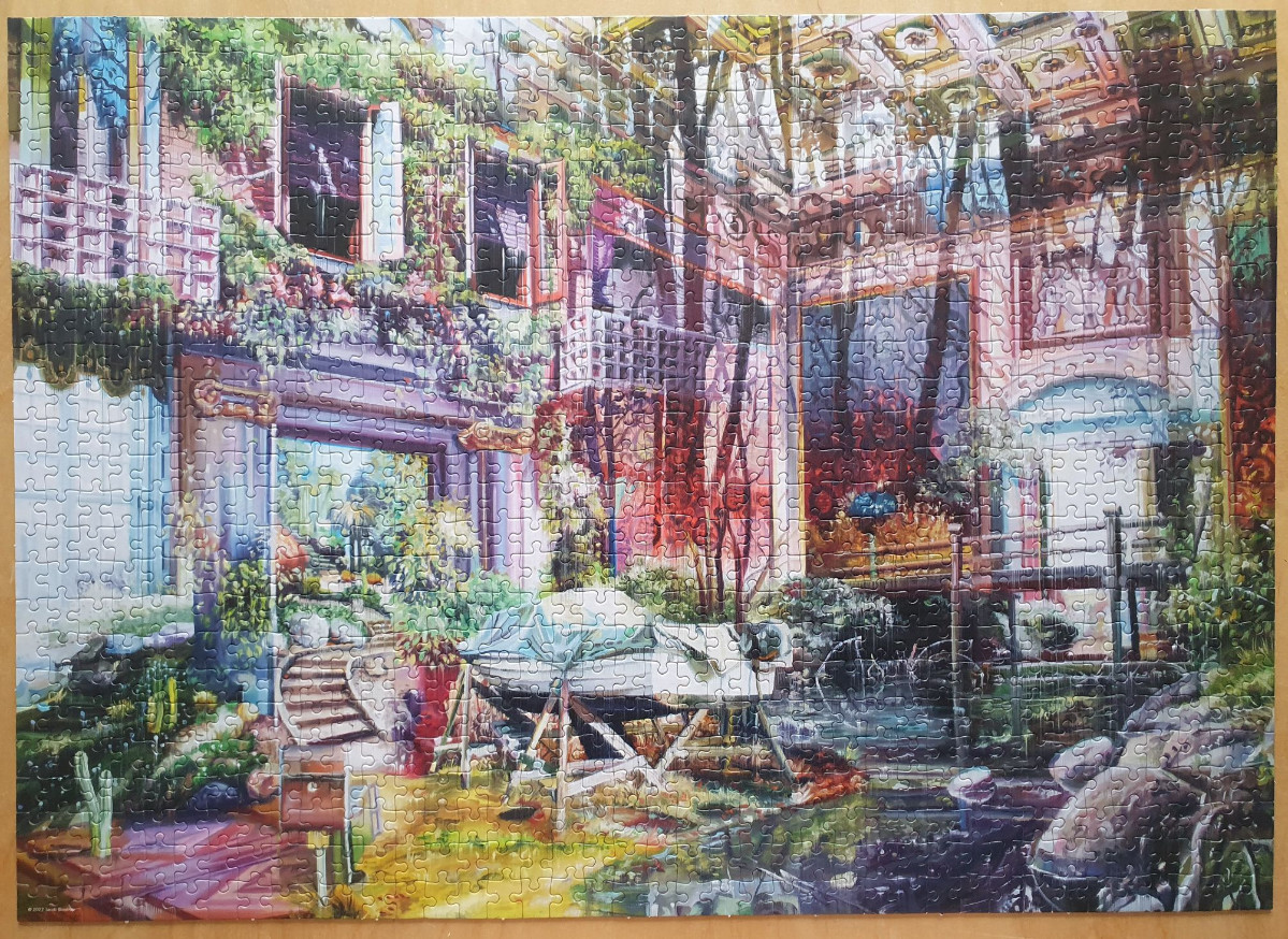 An illustration of an overgrown, decaying interior courtyard featuring a boat on a stand.