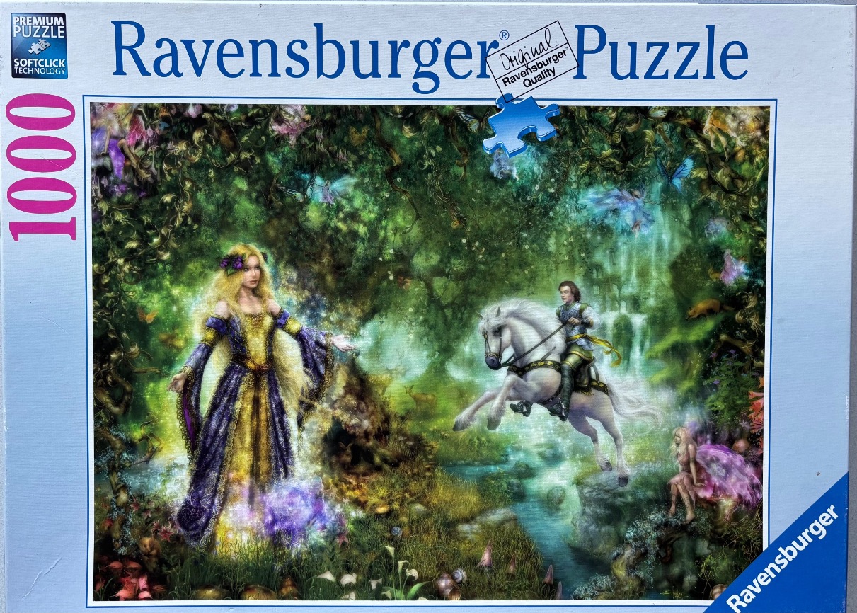 A fantasy illustration of a blonde woman in a purple dress greeting a knight on a white horse in a magical forest.