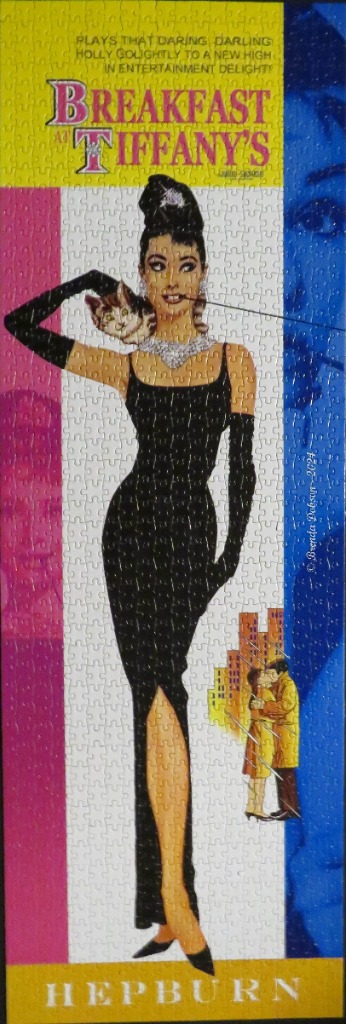 Illustration of Audrey Hepburn as Holly Golightly in Breakfast at Tiffany's with a yellow and blue background.