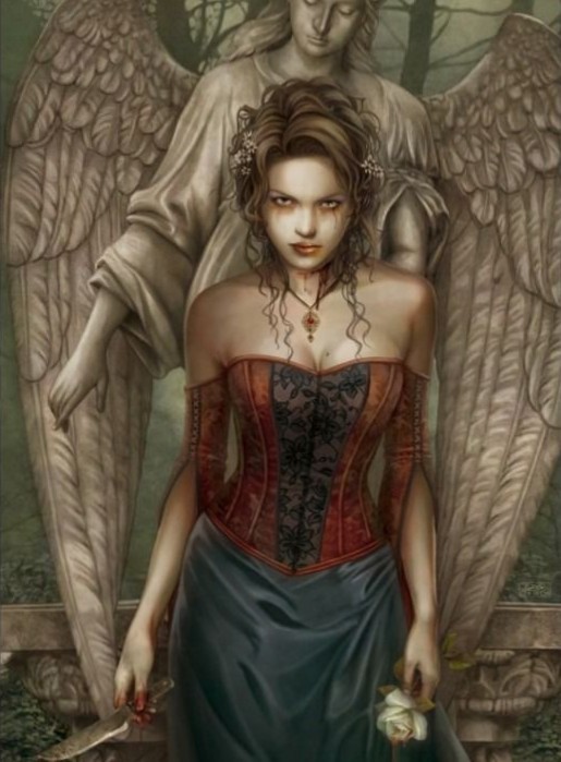 A young woman in a corset standing before a stone angel statue holding a knife and a white rose.