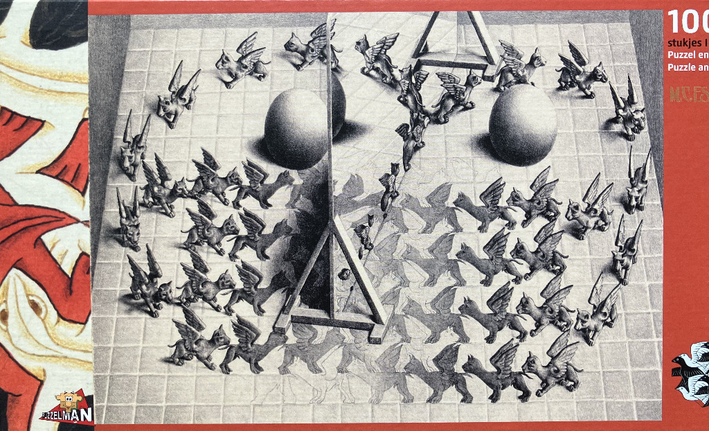 A black and white surrealist illustration by M.C. Escher featuring winged creatures and geometric shapes on a grid.