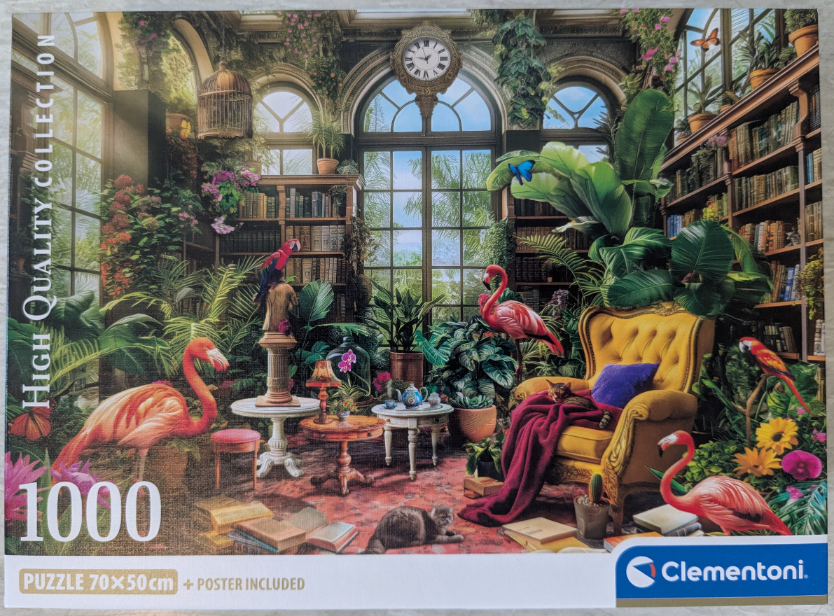 An illustration of a lush indoor solarium library filled with exotic birds, plants, and cozy furniture.