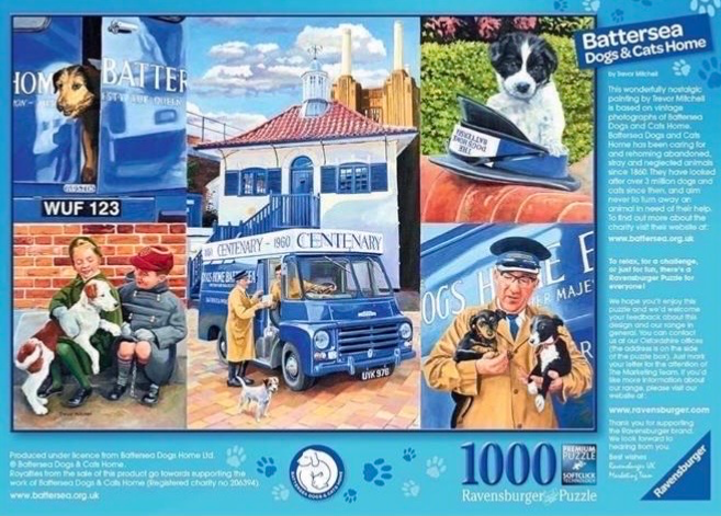 Collage of scenes featuring dogs and staff at Battersea Dogs & Cats Home in a vintage, painterly style.