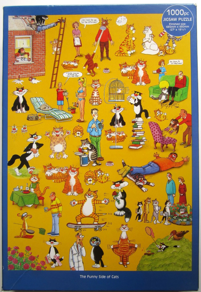 Cartoon illustration of many humorous cats interacting with people against a vibrant yellow background.