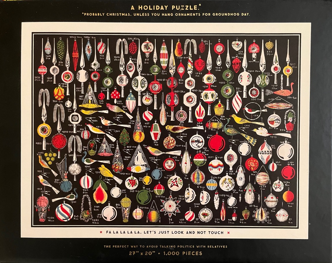 A collection of vintage-style Christmas tree ornaments, illustrated in a grid pattern against a black background.