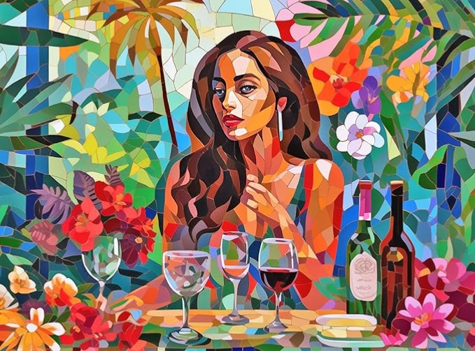 A woman with wavy brown hair sits at a table with wine glasses, surrounded by vibrant, geometric tropical flowers.