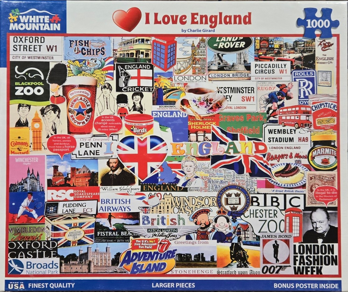 A collage of various icons, signs, and cultural symbols representing England.