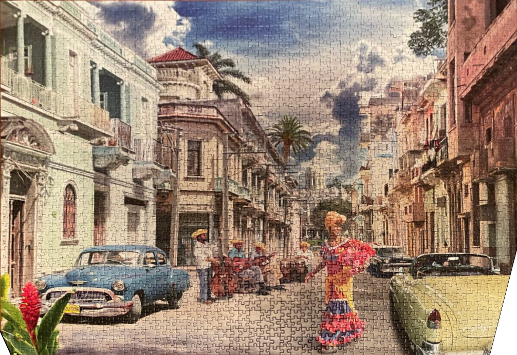 A street scene in Havana with classic cars, musicians, and a woman in a traditional dress.
