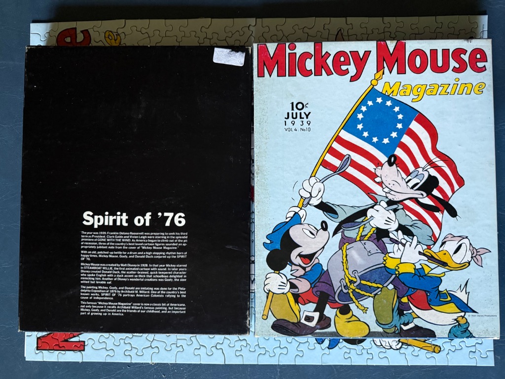 Vintage magazine cover: Mickey Mouse, Goofy, and Donald Duck salute the American flag.