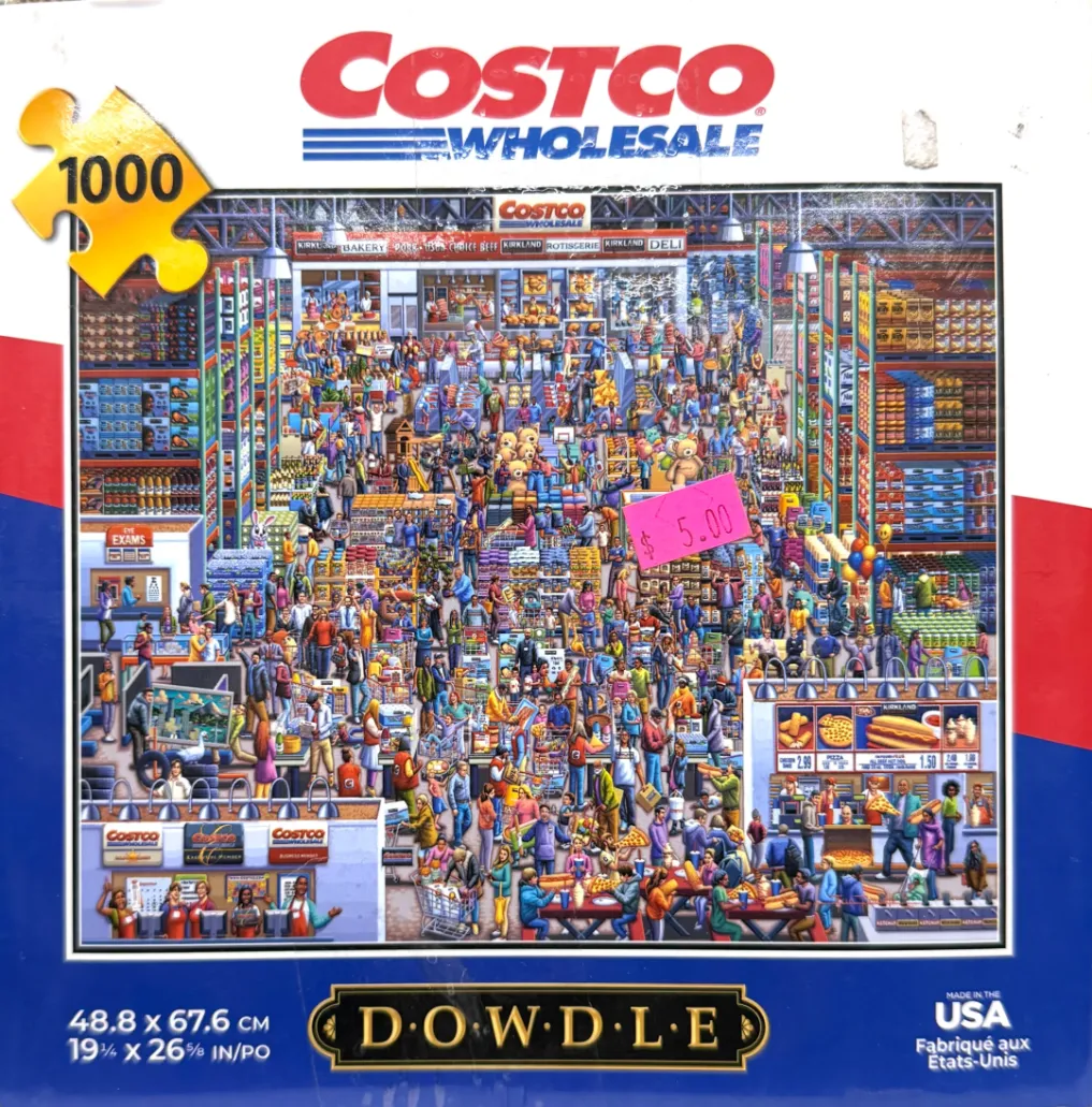 A busy, chaotic illustration of a large warehouse-style wholesale club with many shoppers and aisles.