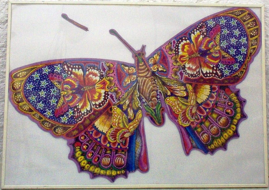 A whimsical butterfly illustration featuring layered moth patterns, gold accents, and a starry blue background.