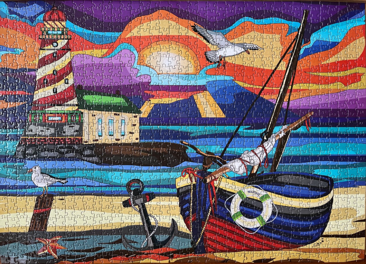Stylized coastal scene with a lighthouse, sailboat, and seagulls in vibrant sunset colours