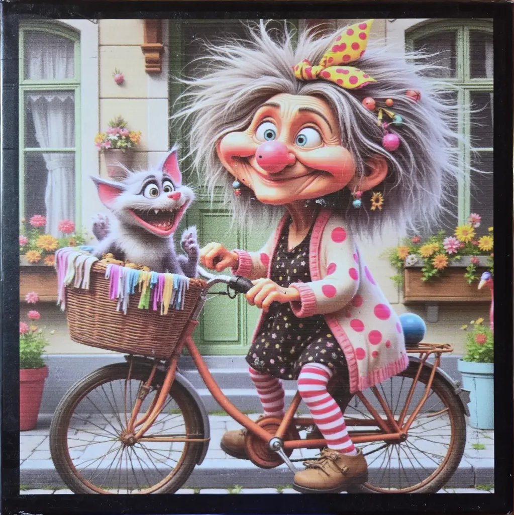 A whimsical illustration of a zany elderly woman with wild hair and a wide grin riding a bicycle with a cat in the basket.