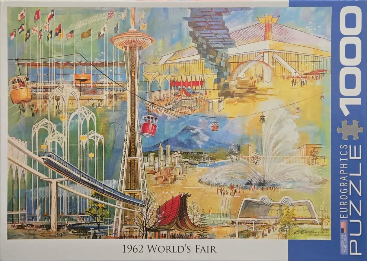 A vintage illustration of the 1962 Seattle World's Fair featuring the Space Needle and monorail.
