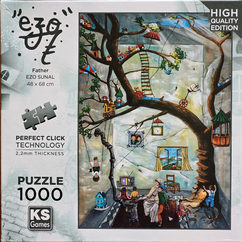 Whimsical painting of a surreal tree house scene with people, houses, and floating furniture.