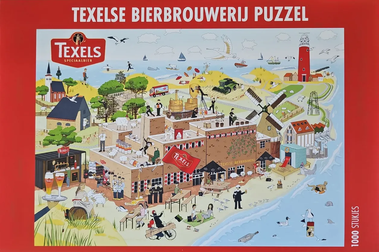 Whimsical cartoon illustration of a bustling brewery scene on the island of Texel, featuring a lighthouse and beach.