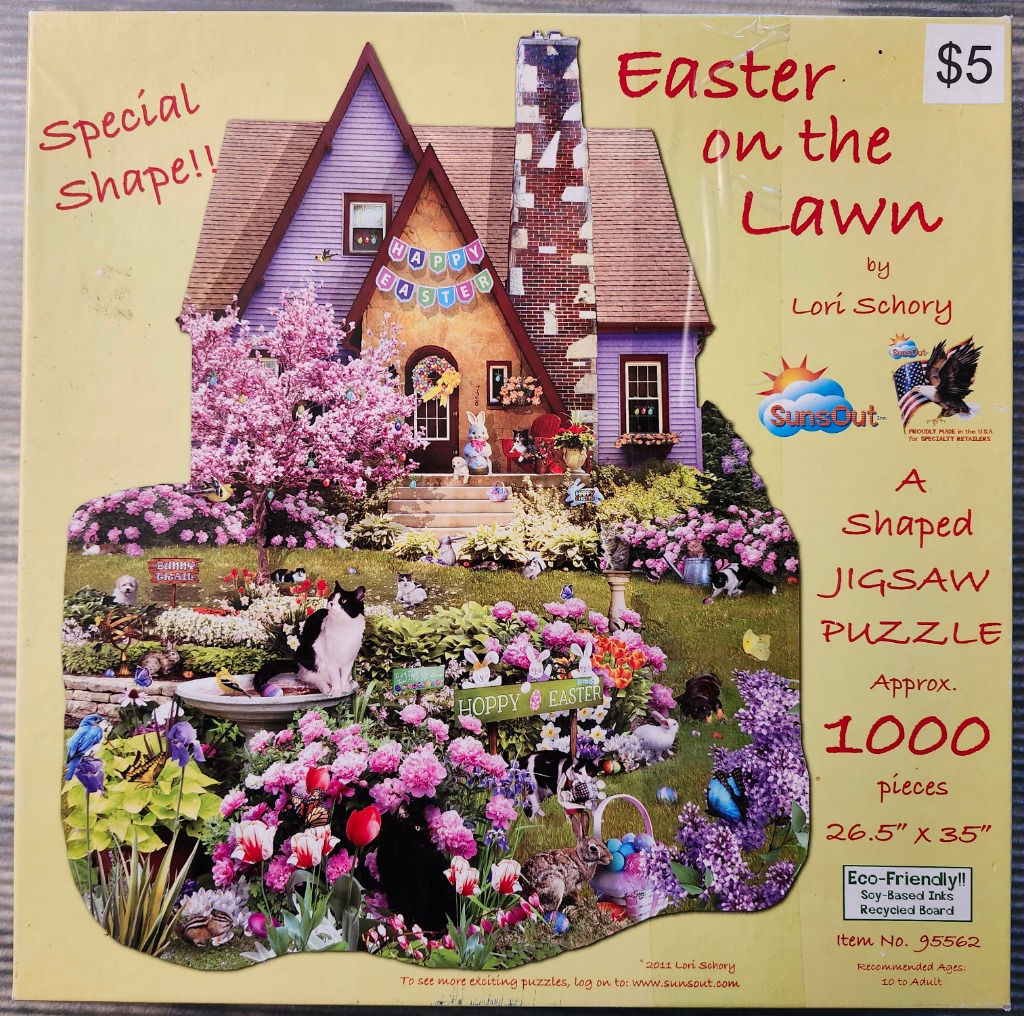 An illustration of a lavender Victorian house with a large garden filled with cats, rabbits, flowers, and Easter decorations
