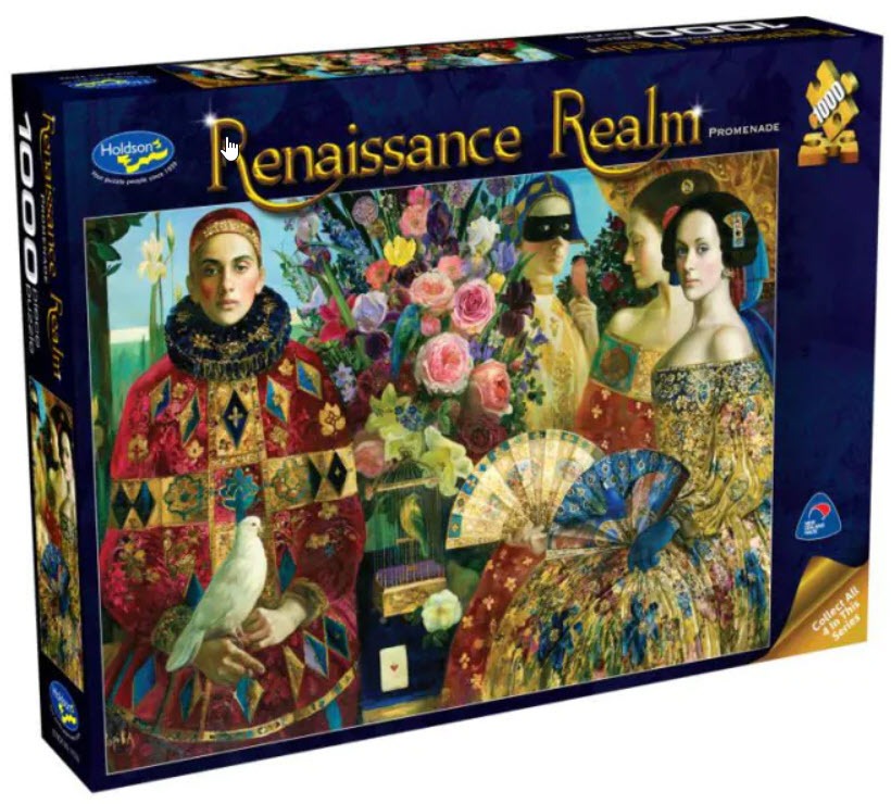 Renaissance-style portrait of three figures, a dove, and lush floral arrangements.