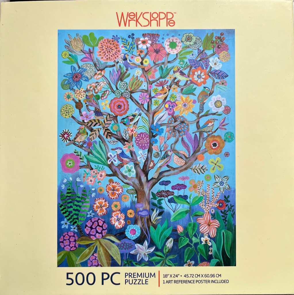 A whimsical illustration of a flowering tree filled with colorful birds and diverse botanical patterns against a blue sky.