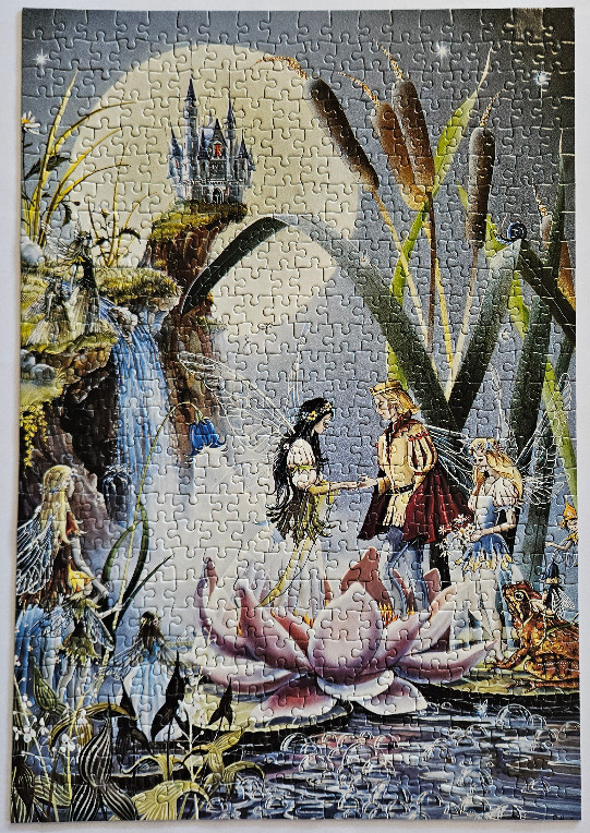 An illustration of a fairy wedding in a moonlit pond with a castle in the background.
