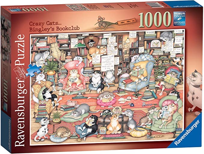 Cartoon illustration of many cats gathered in a cozy, book-filled library setting.