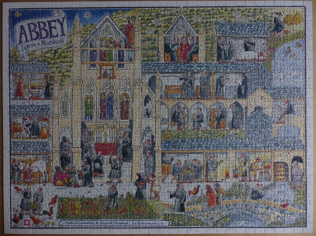 A whimsical cutaway illustration of a medieval abbey filled with monks performing daily tasks.