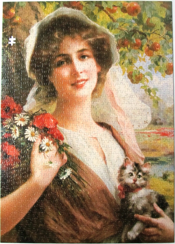 A vintage-style illustration of a smiling woman in a bonnet holding a bouquet of flowers and a small kitten.