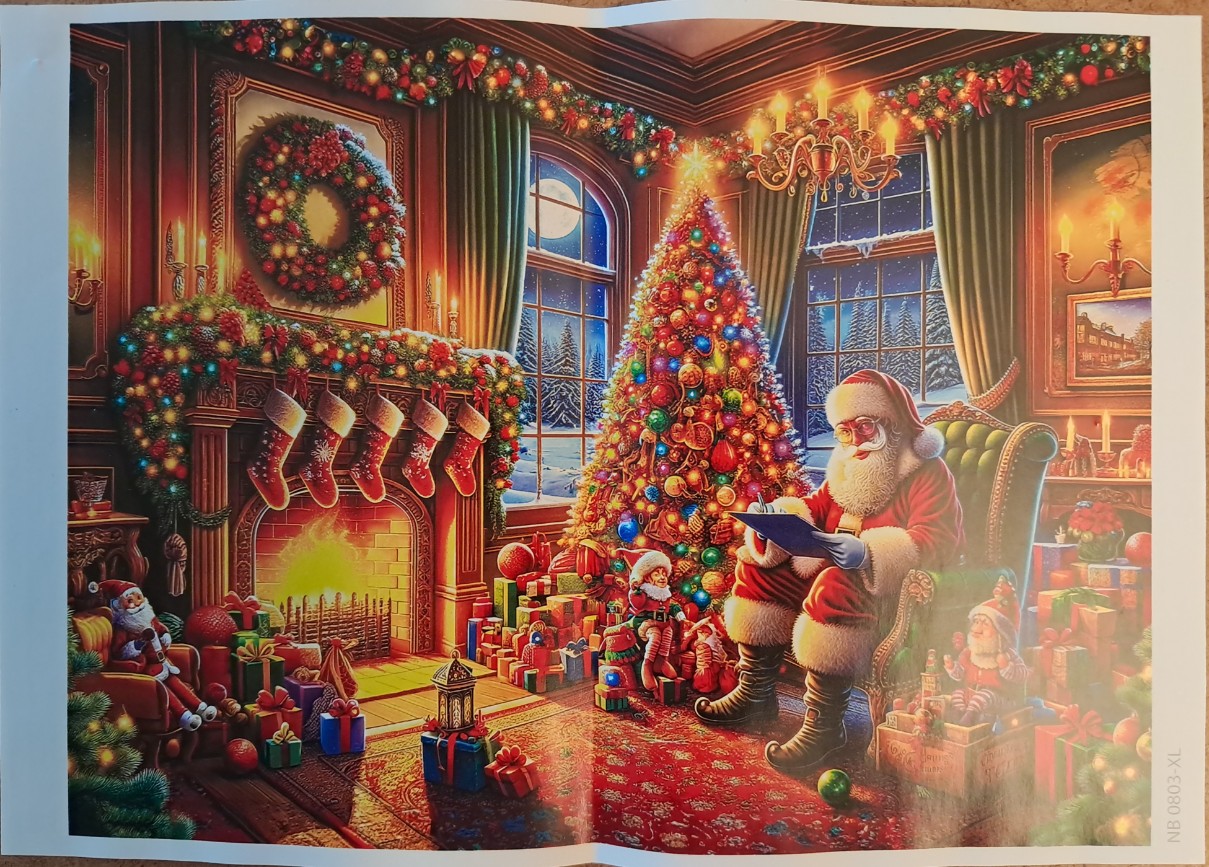 Santa Claus sitting in a cozy, decorated living room by a glowing Christmas tree and fireplace.