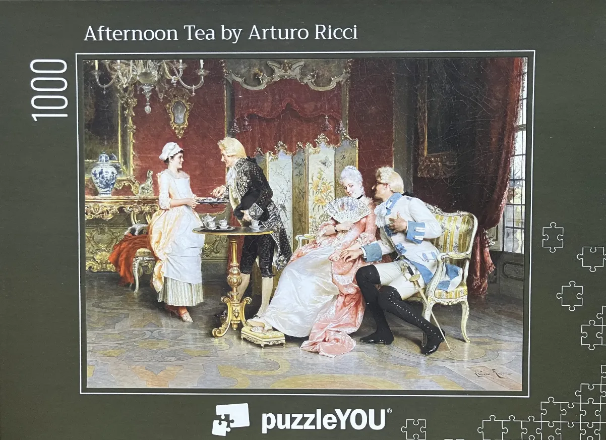 Oil painting of four 18th-century figures enjoying an elegant afternoon tea in an opulent parlor.