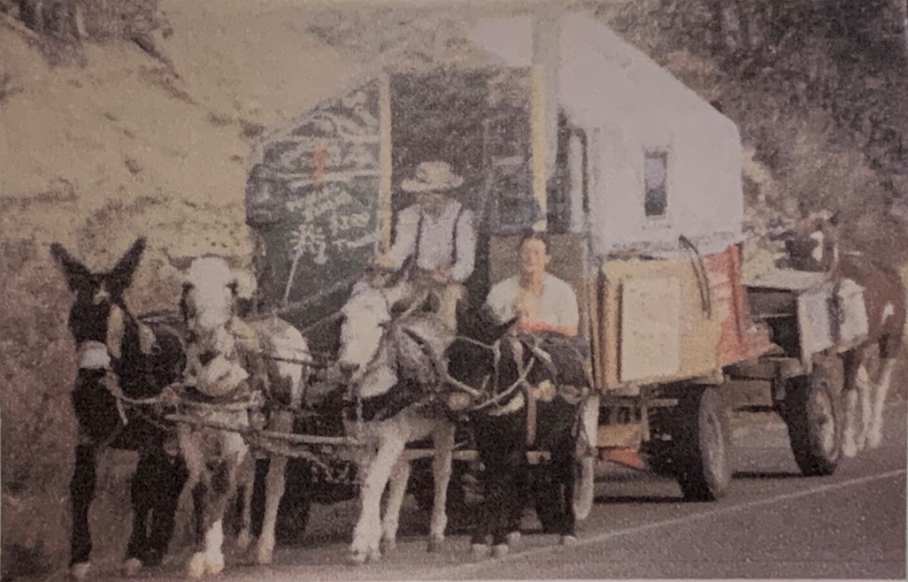 A covered wagon pulled by a team of four mules on a roadside with two people sitting inside.