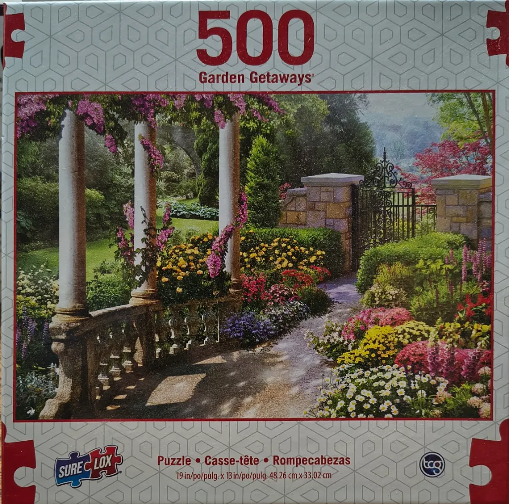 A lush garden scene featuring a stone pergola, blooming flower beds, and a wrought iron gate.