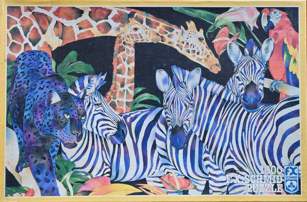 Illustration of a leopard, zebras, a giraffe, and a macaw in a lush, dark jungle setting.