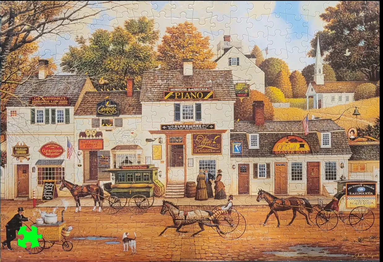 A charming 19th-century New England village street scene featuring historic storefronts and horse-drawn carriages.