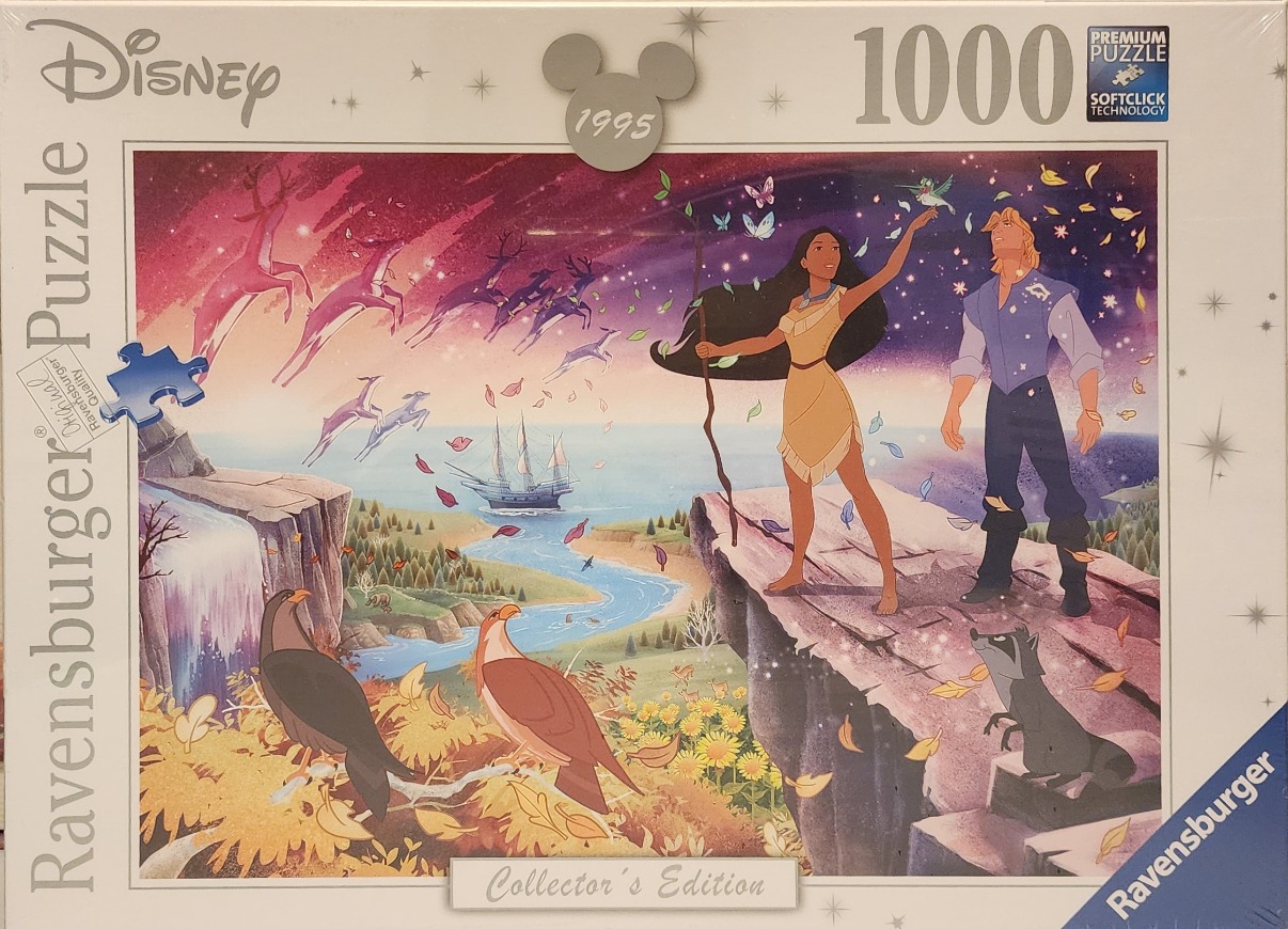 Animated characters Pocahontas and John Smith standing on a cliff overlooking a coastal landscape at sunset.