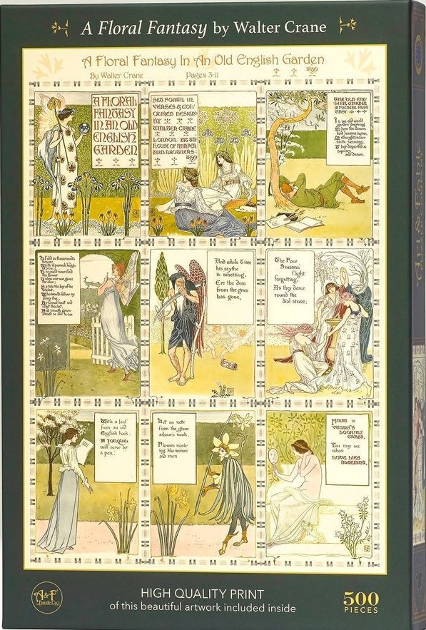 A grid of nine panels illustrating floral-themed scenes with Art Nouveau figures and calligraphic text.