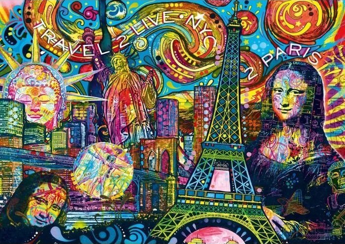 A psychedelic, multi-colored collage featuring iconic landmarks and figures from New York City and Paris.