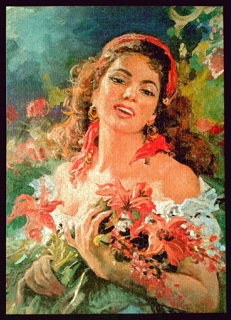 Oil painting of a woman in a red headscarf holding a bouquet of red lilies