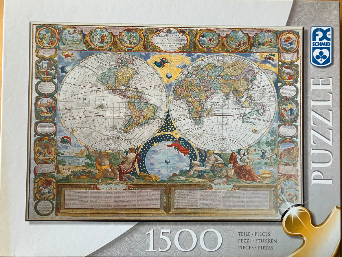 Antique world map illustration featuring two celestial hemispheres, ornate decorative borders, and mythological figures.