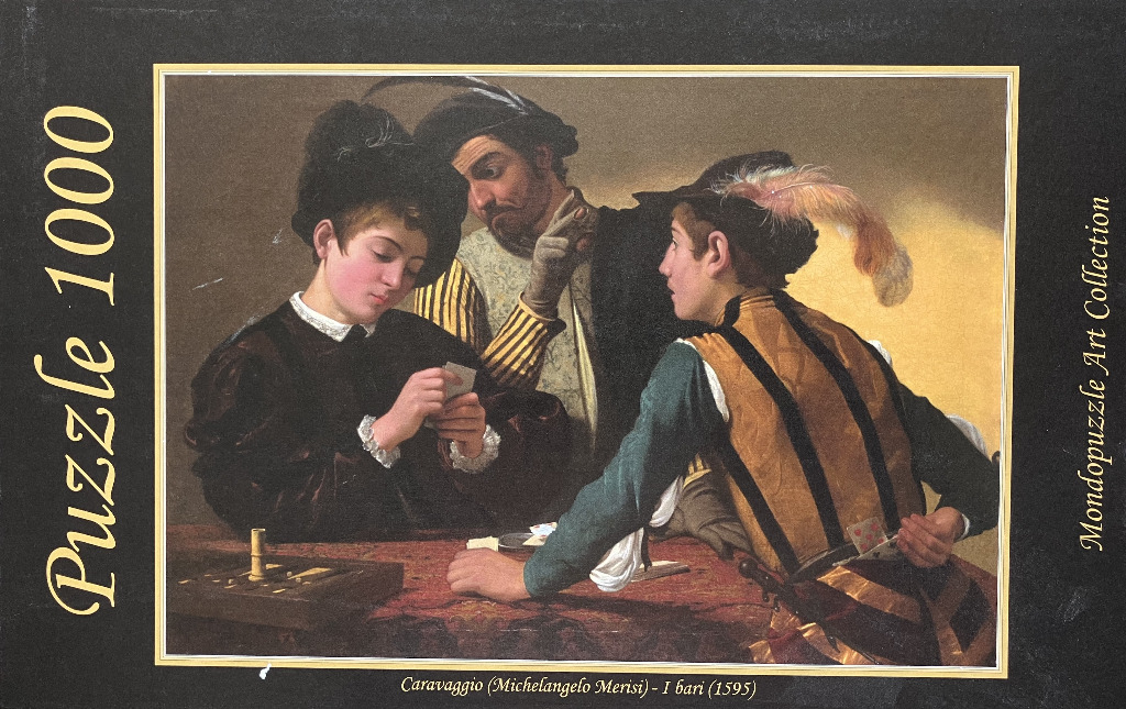 The Cardsharps by Caravaggio, depicting a naive boy playing cards while being cheated by an older man.
