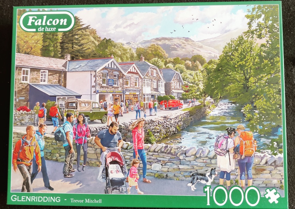 Illustration of tourists and a local village street alongside a stream in Glenridding.