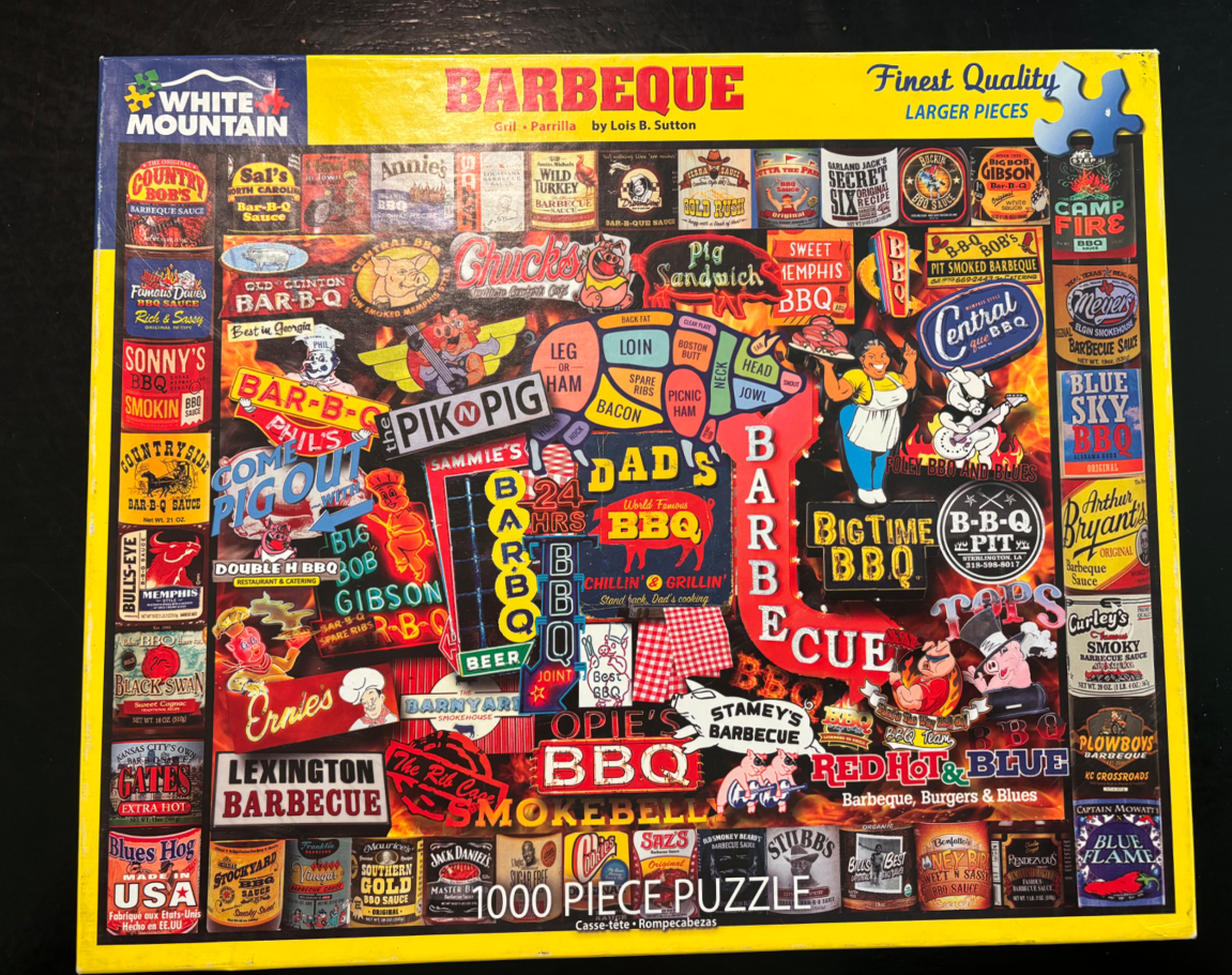 A collage of various vintage-style barbecue sauce labels and barbecue restaurant signs.