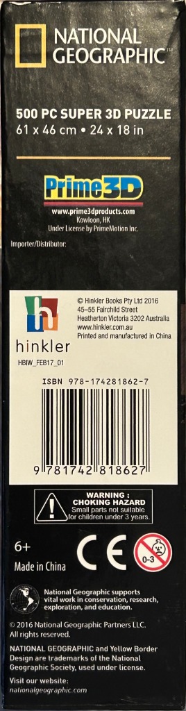 Text-heavy black packaging with information about a 500-piece 3D product.