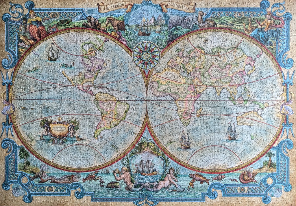 An antique-style double-hemisphere world map surrounded by ornate, mythological borders.