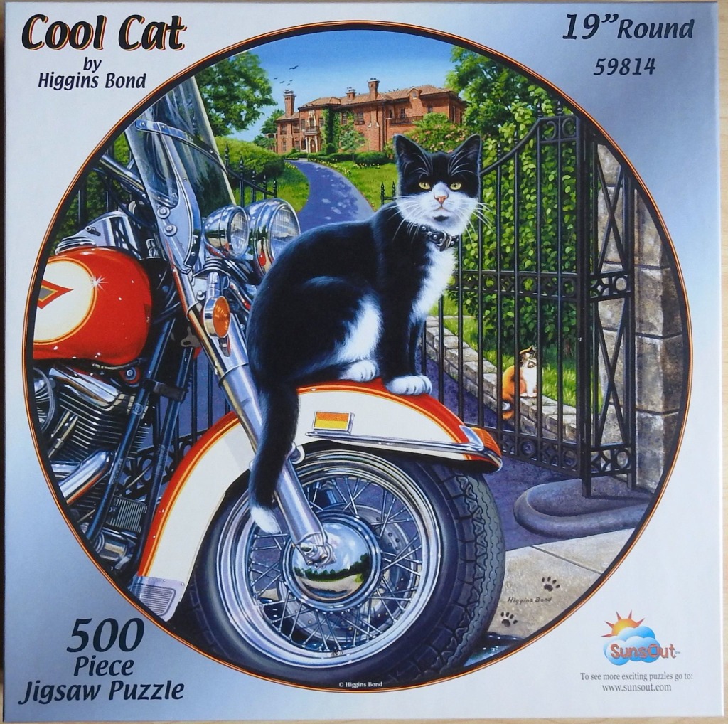 A black and white cat sits on the front fender of a shiny red and cream motorcycle in front of an estate gate.